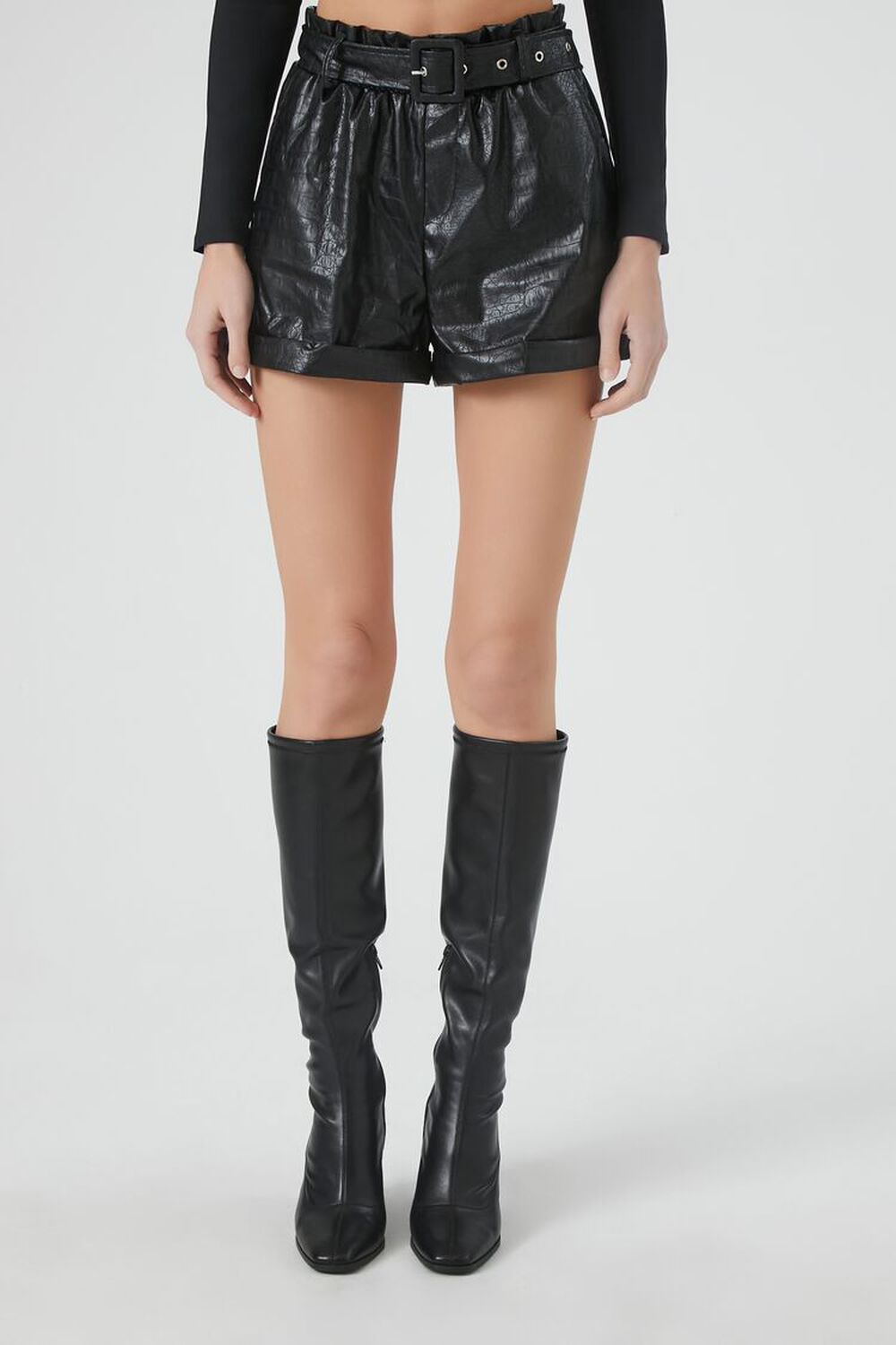 Belted Faux Croc Paperbag Shorts